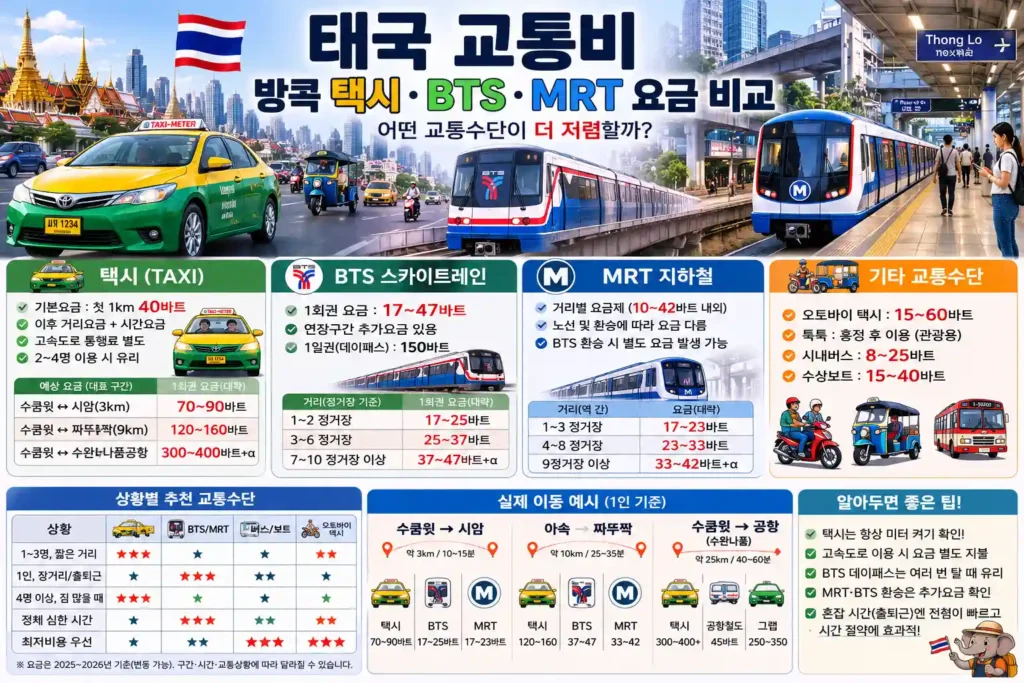 태국 교통비와 방콕 택시 BTS MRT 요금 비교