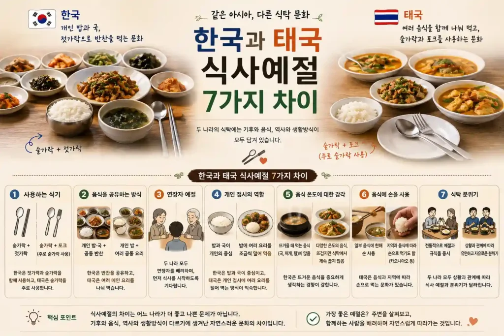 한국과 태국 식사예절 차이 7가지|숟가락·젓가락부터 음식 공유까지 한국과 태국 식사예절 차이 7가지|숟가락·젓가락부터 음식 공유까지