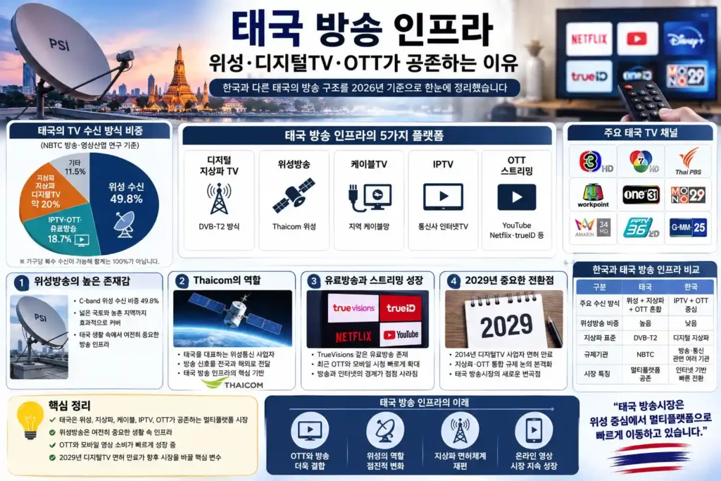 태국 방송 인프라 2026|위성·디지털TV·OTT가 공존하는 이유 태국 방송 인프라 2026|위성·디지털TV·OTT가 공존하는 이유