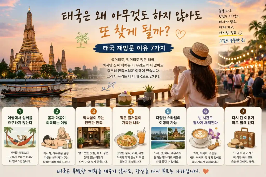 태국은 왜 아무것도 하지 않아도 또 찾게 될까? 태국 재방문 이유 7가지 태국은 왜 아무것도 하지 않아도 또 찾게 될까? 태국 재방문 이유 7가지