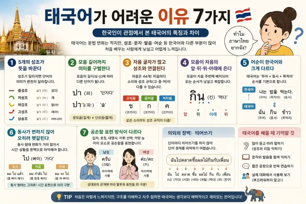 태국어가 어려운 이유 7가지|한국인이 특히 힘든 성조·문자·발음 태국어가 어려운 이유 7가지|한국인이 특히 힘든 성조·문자·발음